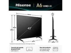 TV LED 43" - Hisense 43A6Q, UHD 4K, Quad Core/MT9603, IA 4K Upscaler, Modo Juego Plus, Control por voz, Negro