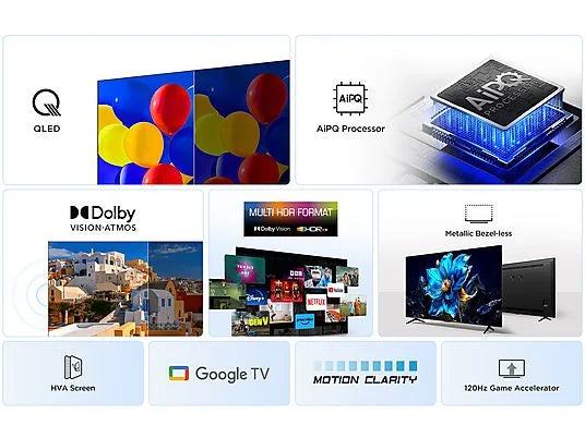 TV QLED 50" - TCL 50P7K, UHD 4K, AiPQ Processor, Smart TV, DVB-T2, 60 Hz, Pantalla HVA, Dolby Atmos, Negro